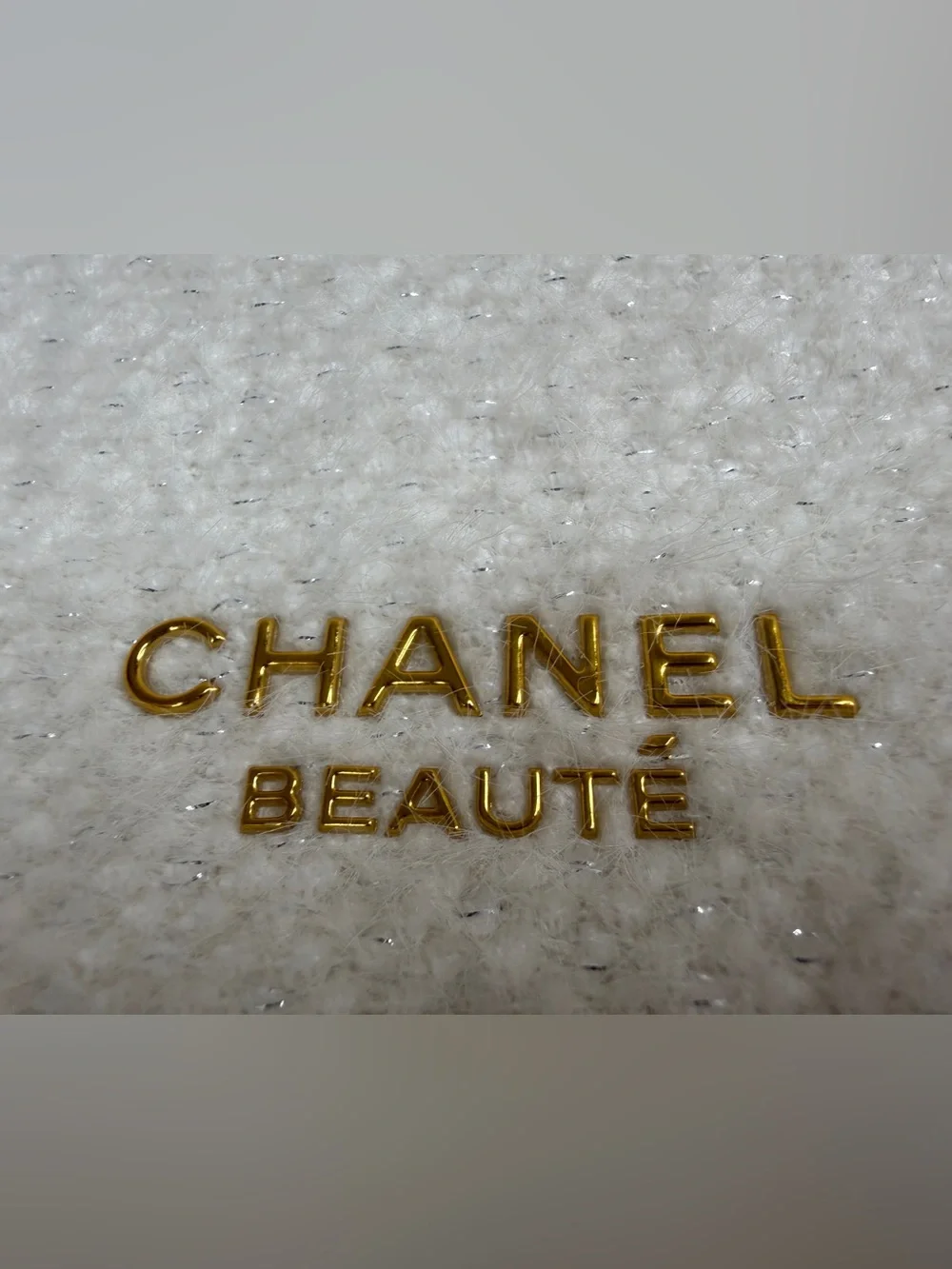 CHANEL Holiday Cream Textured Beauty Pouch with Gold Logo